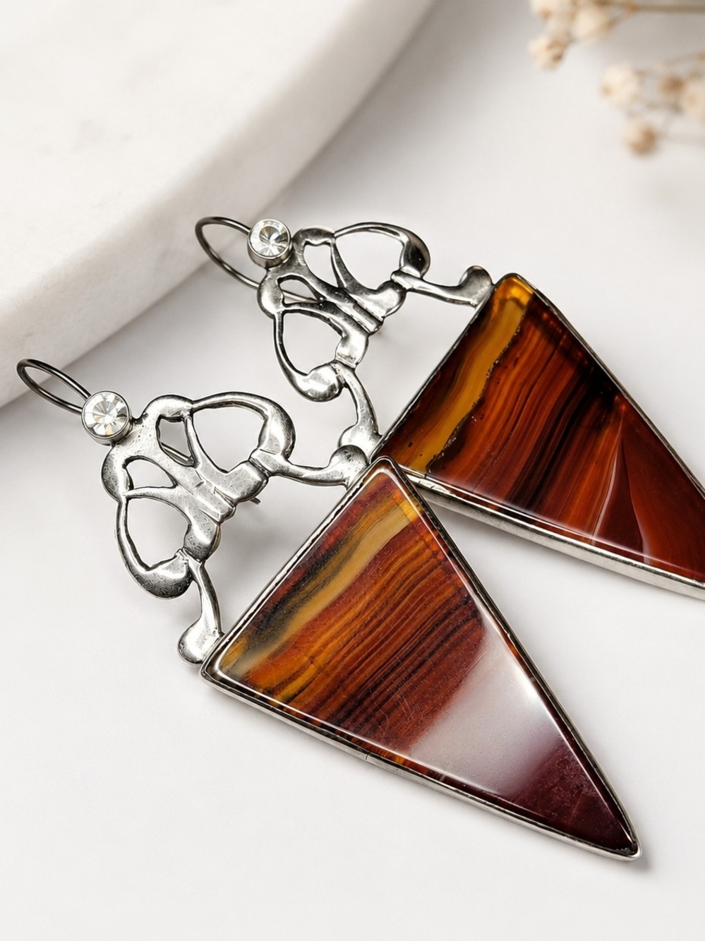 Sterling Silver Agate Statement Earrings Artisan Banded Carnelian Dangle Earring
